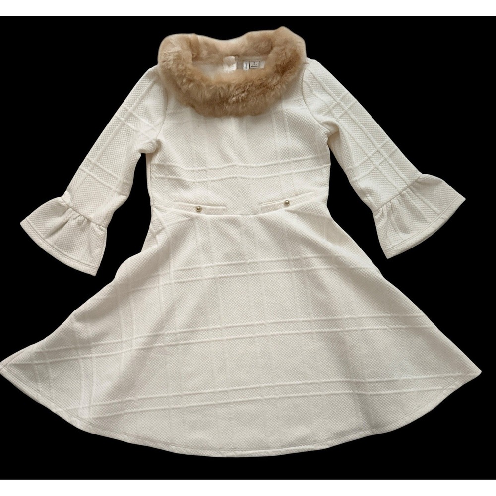 Janie and Jack Girls Dress 10 Winter White Faux Fur Collar Textured Christmas
